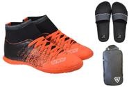 Chuteira Futsal Botinha Adulto Costurada Quadra + Chinelo Slide + Mochila Esportiva