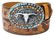 Cinto de cowboy ocidental feminino CaySep Bull Turquesa em couro PU