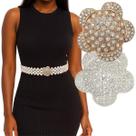Cinto de Pérolas Luxo Feminino Regulável 110cm com Fivela Flor em Strass Dourado ou Prata