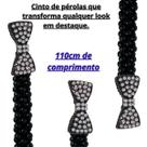 Cinto Feminino de Pérolas Preto Luxo com Laço em Strass Ajustável, Elegante e Sofisticado