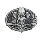 Cinto, fivela, caveira com chapéu de cowboy e rifles cruzados, oeste