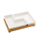Cj.2 Petisqueiras Porcelana c/Bandeja Bambu Branca 23x15x5cm