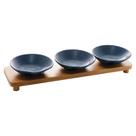 Cj.3 Petisqueira Porcelana c/Bandeja Bambu Azul 32x9x5cm