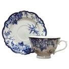 Cj. 6 Xícaras Chá c/ Pires em Porcelana Folhas e Pássaros Azul 220ml