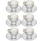 Cj 6 Xícaras de Chá com Píres New Butterfly Fio Ouro 80ml Cristal Ecologico Café Elegante