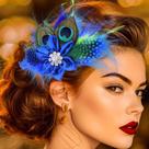 Clipe de cabelo Yokawe 1920s Peacock Feather Royal Blue Satin