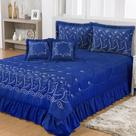 Cobre Leito Casal Padrão Desejos 07 Peças Bordado Colcha AZUL ROYAL