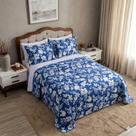 Cobre Leito Queen Estampado 300 Fios Matelado com Porta Travesseiro 3 Peças Luna Cor:Índigo Floral