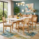 Cojunto Mesa Pérola com 6 Cadeiras Estofada Linho Bege Moderno Jantar Rubi Cojunto Mesa Pérola com 6 Cadeiras Estofada Linho Bege Moderno Jantar Rubi