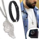 Colar Asa Anjo + Pulseira Couro Cordão Corrente Cor Prata Elo Grumet