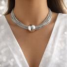 Colar Big Ball Choker Prateado Múltiplas Correntes Leve Ajustável