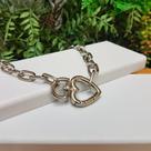 Colar Choker Corrente Elos grande Pingente Mosquetão Fecho Coração Prateado Prata Tendência Blogueira