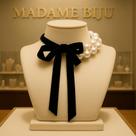 Colar Choker Feminino Pérolas com Laço de Cetim Preto Elegante e Sofisticado 2 camadas
