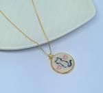 Colar Corrente com Pingente Madrepérola Redondo Pet Gato Gatinho Desenho Folheado Ouro 18k Gargantilha Tendência
