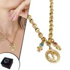 Colar Corrente Elo Português Placa Amor Infinito Filhos e Filhas Zircônia Rosa e Azul Banhado a Ouro