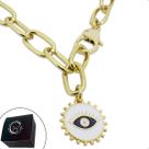 Colar Corrente Elos Ovais Olho Grego com Resina Branca/Azul Banhado a Ouro
