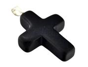 Colar Crucifixo Pedra Obsidiana Preta Natural Pino Prateado