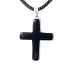Colar Crucifixo Pedra Onix Preto Natural Pino Prateado