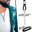 Colar de Couro Ajustável Tradicional Designer Cruz Prego Prata