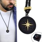 Colar de Couro Trançado Masculino Fecho Mosquete Bússola Rosa dos Ventos