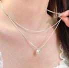 Colar Duplo Feminino Com Pérola Banhado Prata Minimalista