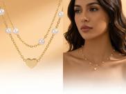 Colar Feminino Duplo Coração e Pérolas banhado Ouro 15k Delicado Acessórios Femininos Tendência