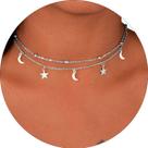 Colar Feminino Prata Com Pingentes Lua Estrela Bolinhas -