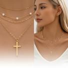 Colar Feminino Triplo Cruz e Pérolas banhado Ouro 18k Delicado Acessórios Femininos Tendência