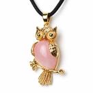 Colar Gota Coruja Pedra Quartzo Rosa Natural Banho Dourado