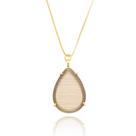 Colar longo pingente gota pedra fumê banhado a ouro 18k