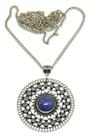 Colar Mandala Longo Pedra Azul Prateado Bijuterias