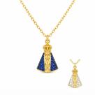 Colar Mini Nossa Senhora Dupla Face Zircônia Cristal e Azul Banhado a Ouro