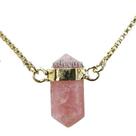 Colar Pedra Quartzo Goiaba Micro Bi Ponta Natural Dourado