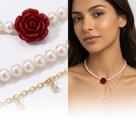 Colar Pérolas Rosa Vermelha Aço Cirúrgico Banhado a Ouro 18k