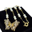 Colar Pérolas Shell Com Borboleta Cravejada Zirconias Banho de Ouro 18k 4511