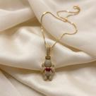 Colar Pingente cravejado coração central rosa pink menina banhado a ouro 18k