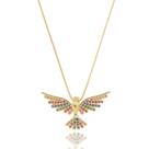Colar Pingente Divino Espirito Santo Pequeno Cravejado de Zircônias Coloridas Banhado a Ouro 18K