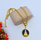 Colar Religioso Feminino Corrente Elos Português com Pingente Medalha Nossa senhora Aparecida Azul Folheado Ouro Luxo