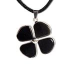 Colar Trevo 4 Folhas Pedra Obsidiana Negra Natural Prateado