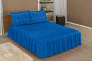 Colcha Casal Com Babado Cobre Leito Padrão Bordada MATELASSE 03 Peças - Toque Macio- DIVA AZUL