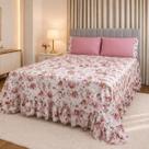 Colcha Casal Queen Floral com Babado 3 Peças 2 Porta Travesseiros Cobre Leito Conforto e Estilo Micropercal 400 Fios