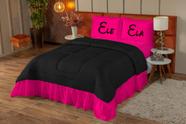 Colcha Queen 3 Peças Com Babado Ele E Ela Preto E Pink