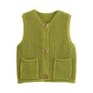 Colete Feminino Cropped Vintage de Malha - Sem Mangas, Gola Redonda e Bolsos