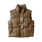 Colete Feminino De Couro PU Preto Para Outono E Inverno Com Gola Alta E Zíper, Casaco Elegante E