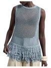 Colete feminino Milumia Hollow Out Fringe azul claro Colete feminino Milumia Hollow Out Fringe azul claro