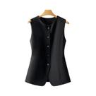 Colete Feminino Preto Slim Fit Sem Mangas Com Decote Redondo E Fechamento Simples Para Primavera E