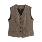 Colete Feminino Slim Fit Com Decote Em V E Estampa Pied-de-Poule, Sem Mangas, Estilo Retrô Para