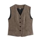 Colete Feminino Slim Fit Com Decote Em V E Estampa Pied-de-Poule, Sem Mangas, Estilo Retrô Para