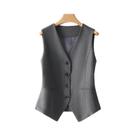 Colete Feminino Slim Fit Curto Com Decote Em V E Botões, Estilo De Trabalho Para Primavera E Outono