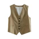 Colete Feminino Vintage Em Linho Com Decote V E Botões Frontais - Blusa Chique Sem Mangas